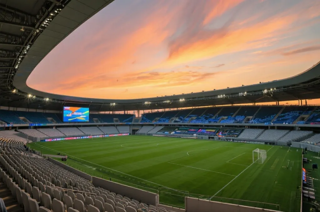 A stunning modern sports stadium with natural green turf and high-tech displays under dramatic sunset light
